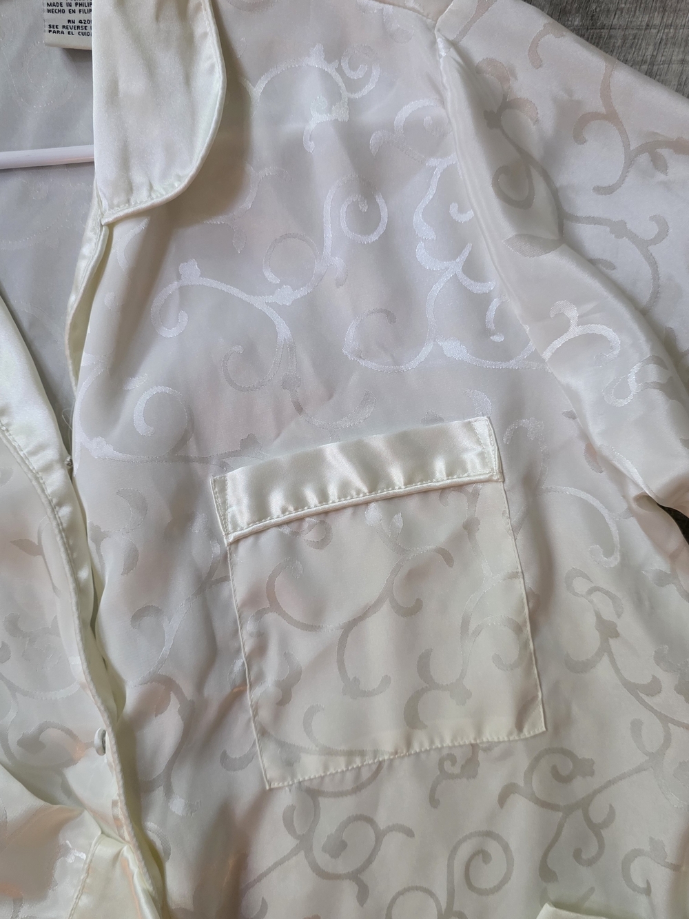 Jaclyn Smith Satin Ivory Button-Up Pajama Top And Pants with Subtle Jacquard - Picture 2 of 4